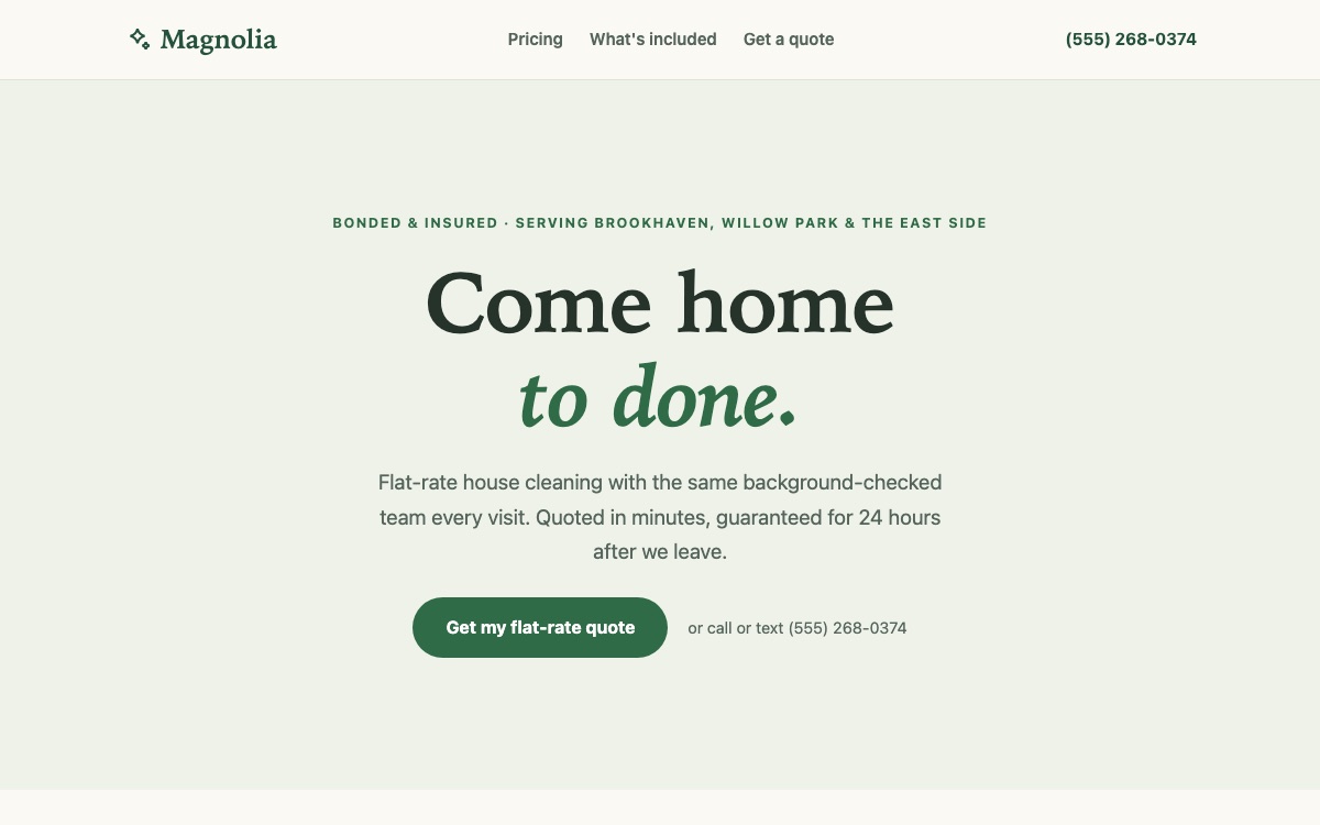 Homepage of Magnolia Home Cleaning (grwlocal.com/demo/cleaning)