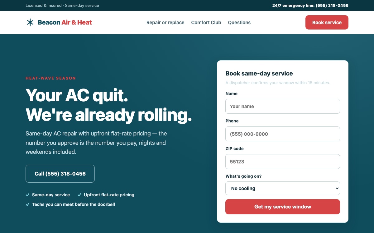 Homepage of Beacon Air & Heat (grwlocal.com/demo/hvac)