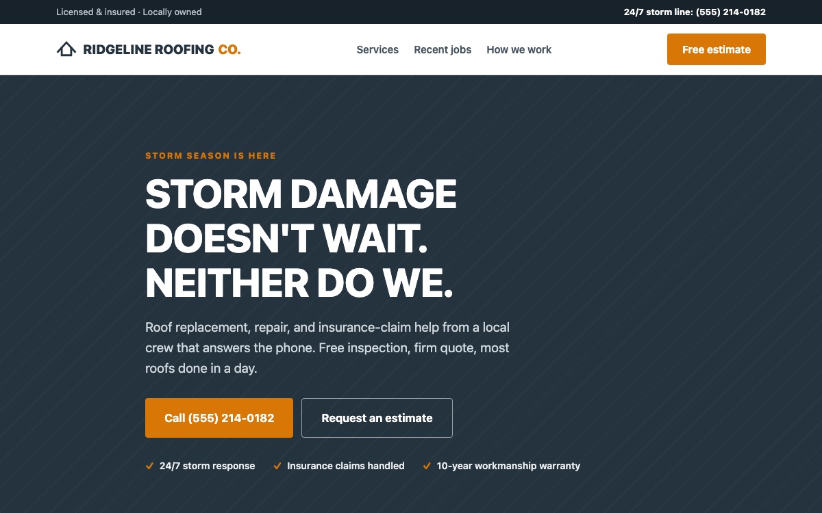 Homepage of Ridgeline Roofing Co. (grwlocal.com/demo/roofing)