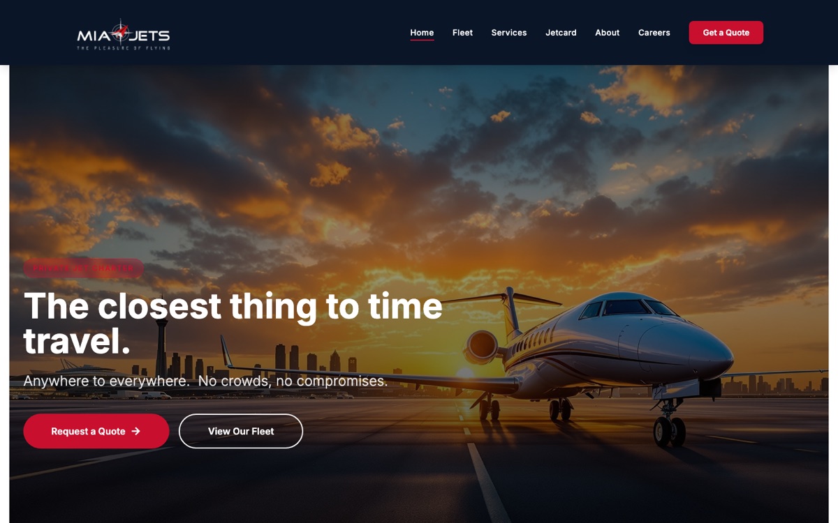 Homepage of MIA Jets (miajetscharters.com)