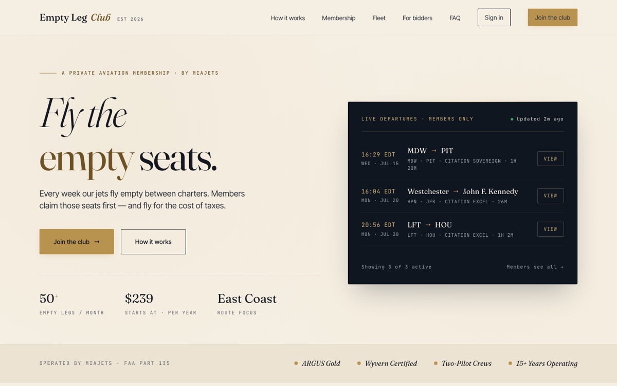 Homepage of Empty Leg Club (theemptylegclub.com)